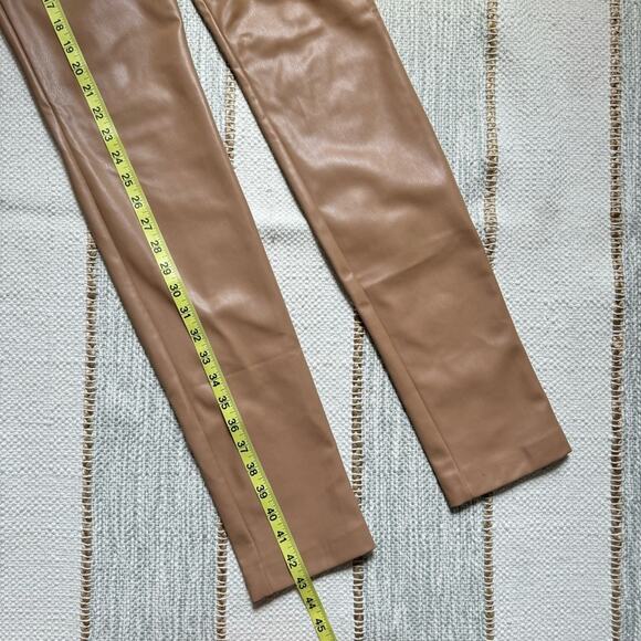 Zara Beige Camel Tan Faux Leather Slim Leg High Rise Pant Hem Slit Women’s Small - Picture 5 of 12